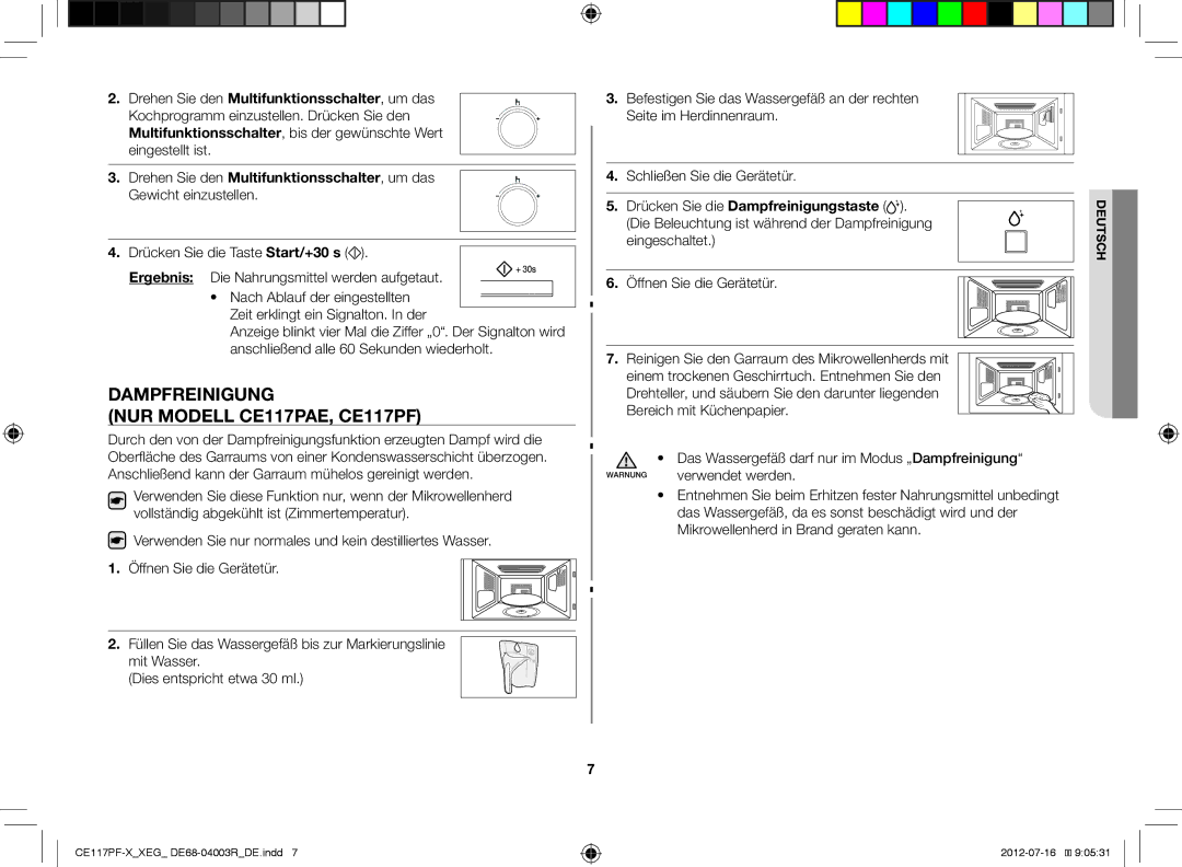 Samsung CE117PF-X/XEG Dampfreinigung NUR Modell CE117PAE, CE117PF, Drücken Sie die Dampfreinigungstaste, Verwendet werden 