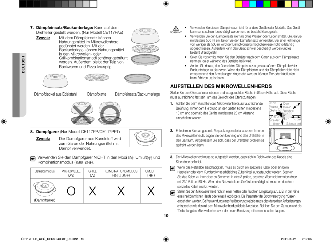 Samsung CE117PT-B/XEG Aufstellen des Mikrowellenherds, Dämpfeinsatz/Backunterlage Kann auf dem, Dämpfdeckel aus Edelstahl 