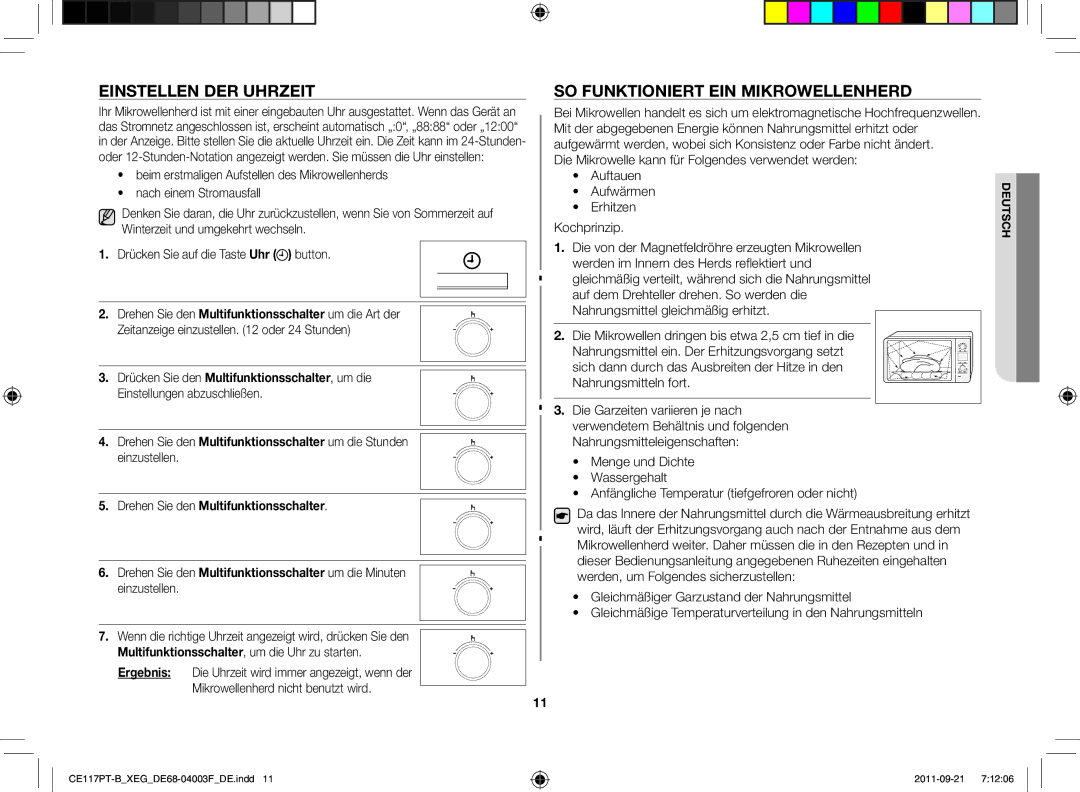 Samsung CE117PT-B/XEG Einstellen der Uhrzeit, So funktioniert ein Mikrowellenherd, Drehen Sie den Multifunktionsschalter 