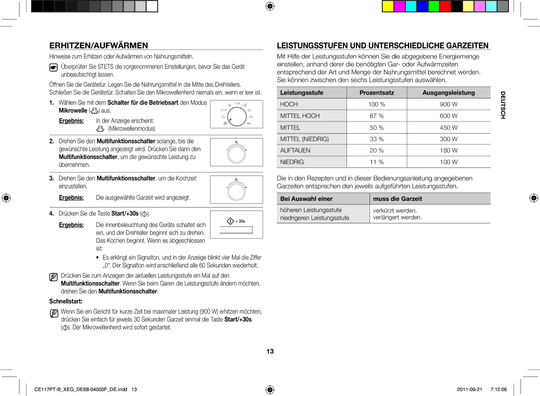 Samsung CE117PT-B/XEG manual Erhitzen/Aufwärmen, Leistungsstufen und unterschiedliche Garzeiten, Schnellstart 