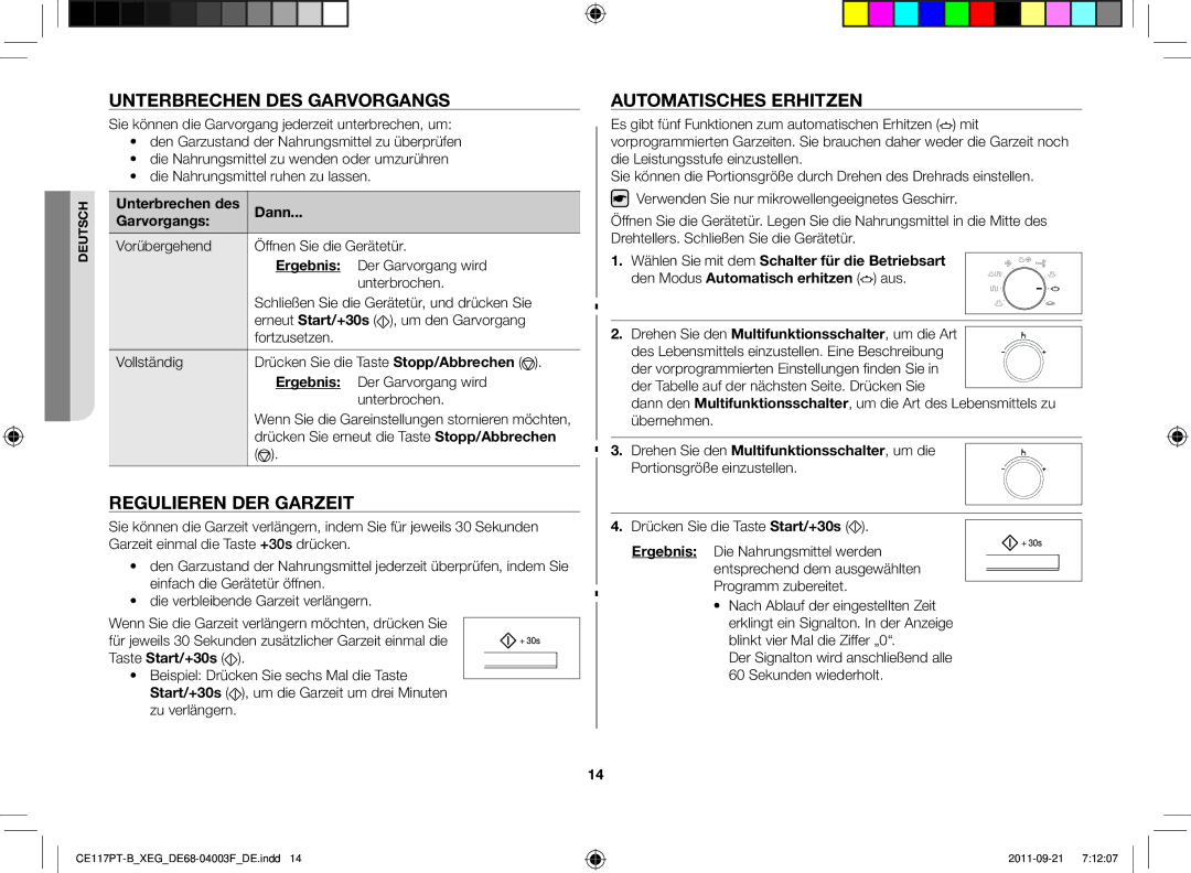 Samsung CE117PT-B/XEG manual Unterbrechen des Garvorgangs, Regulieren der Garzeit, Automatisches Erhitzen, Dann Garvorgangs 