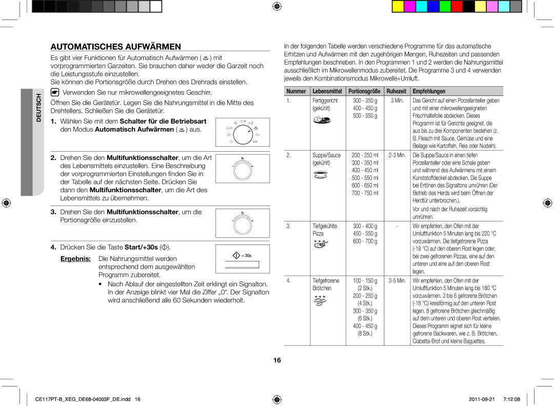 Samsung CE117PT-B/XEG manual Automatisches Aufwärmen, Ruhezeit Empfehlungen 