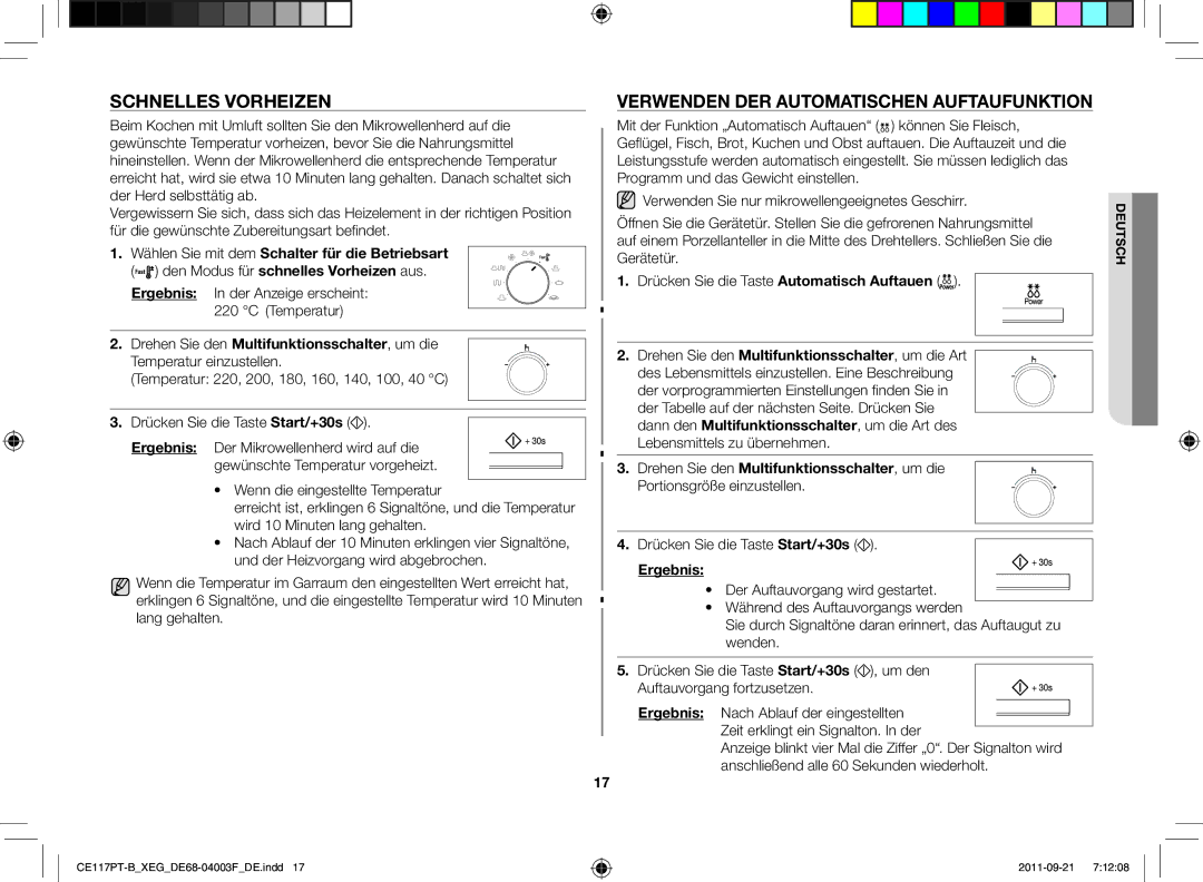 Samsung CE117PT-B/XEG manual Schnelles Vorheizen, Verwenden der automatischen Auftaufunktion 