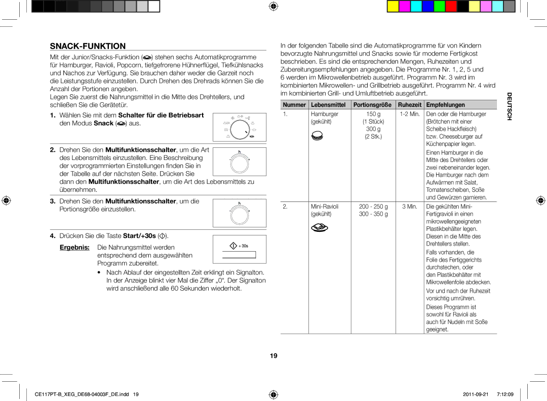 Samsung CE117PT-B/XEG manual Snack-Funktion 