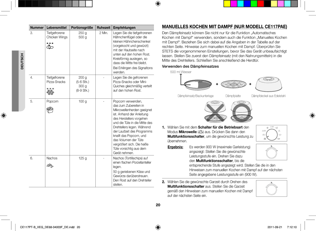 Samsung CE117PT-B/XEG manual Manuelles Kochen mit Dampf Nur Modell CE117PAE, Verwenden des Dämpfeinsatzes 