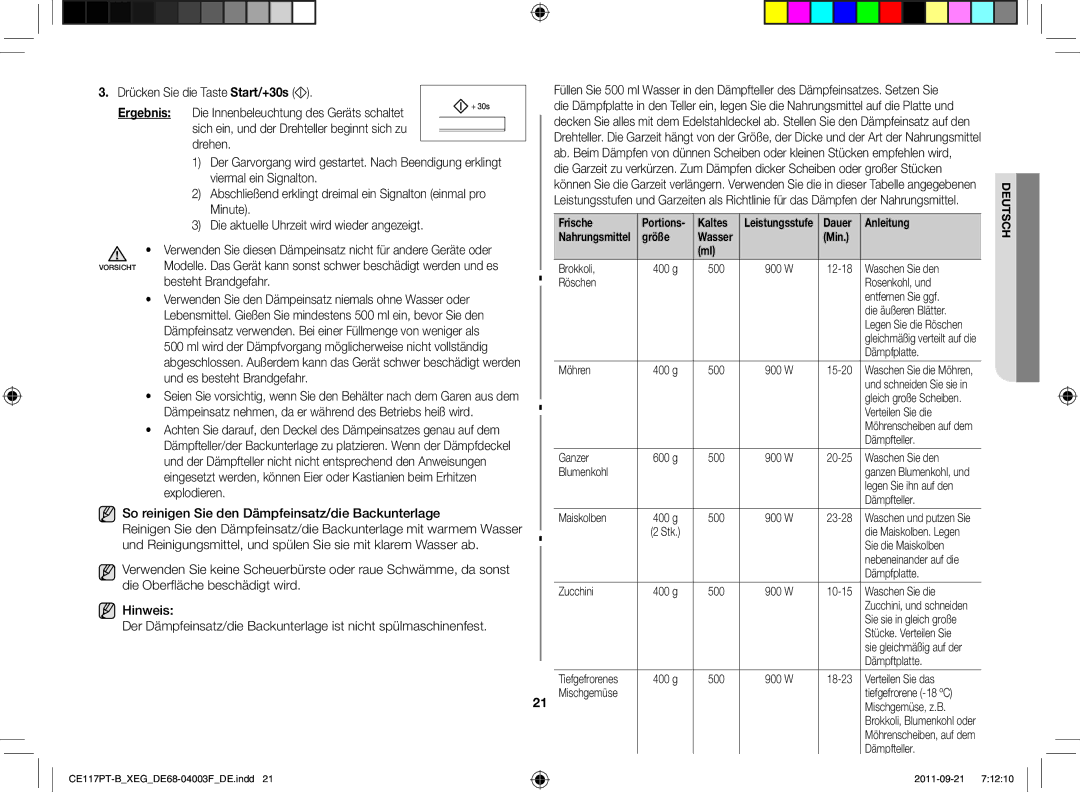 Samsung CE117PT-B/XEG manual Frische, Kaltes, Dauer Anleitung, Größe, Min 