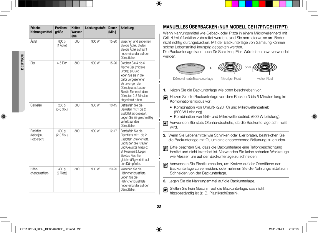 Samsung CE117PT-B/XEG manual Manuelles Überbacken Nur Modell CE117PT/CE117PPT 