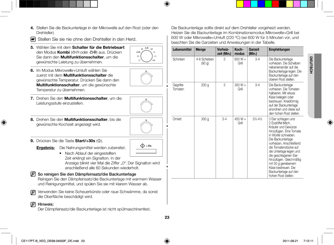 Samsung CE117PT-B/XEG manual Menge Vorheiz Koch Garzeit Empfehlungen, Modus Min 