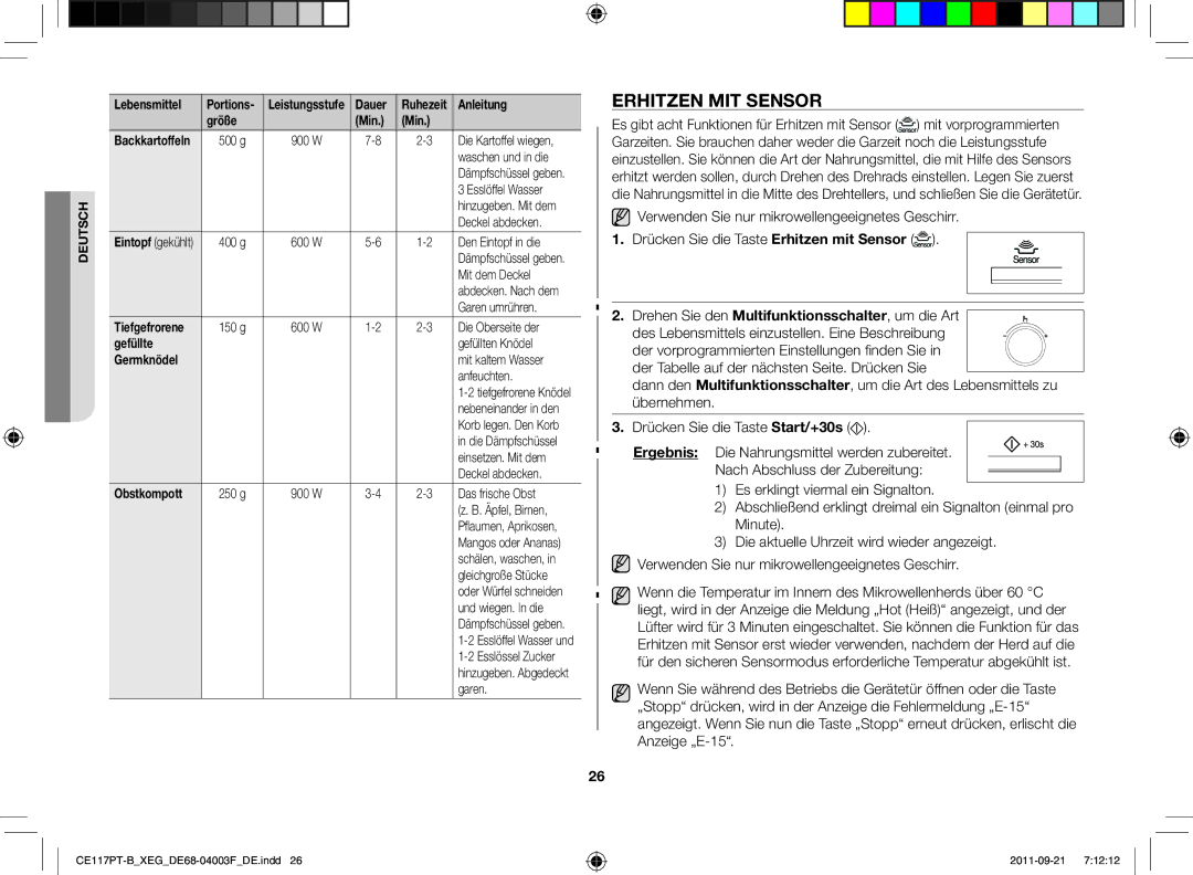 Samsung CE117PT-B/XEG manual Erhitzen mit Sensor 