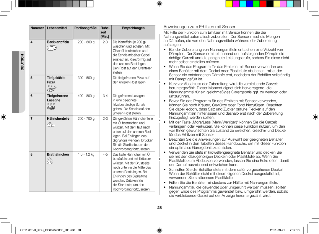 Samsung CE117PT-B/XEG manual Lasagne, Hähnchenteile, Brathähnchen 