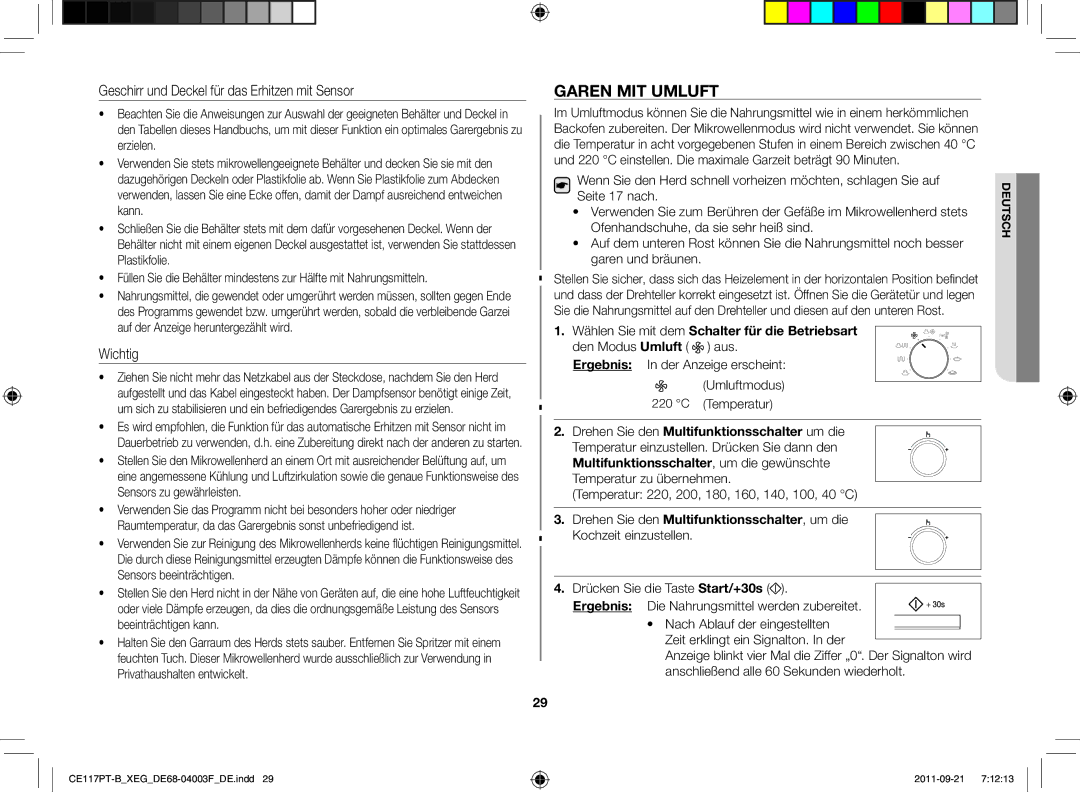 Samsung CE117PT-B/XEG manual Garen mit Umluft, Ergebnis In der Anzeige erscheint Umluftmodus Temperatur 