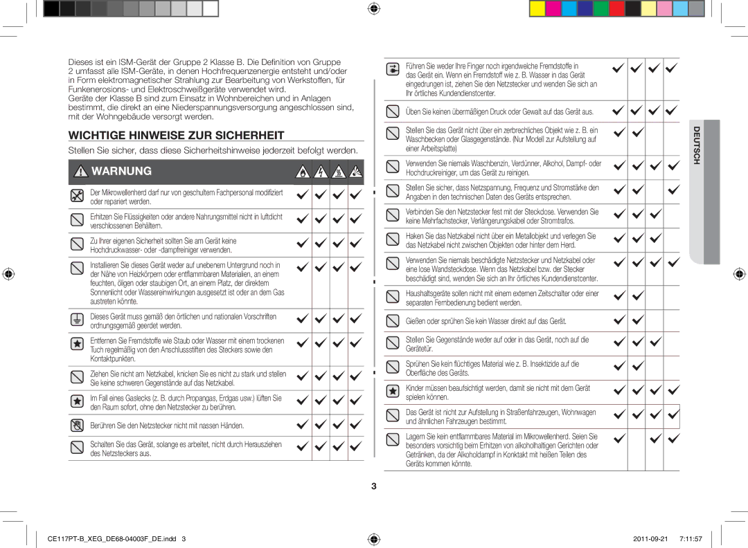 Samsung CE117PT-B/XEG manual Wichtige Hinweise zur Sicherheit, Warnung 