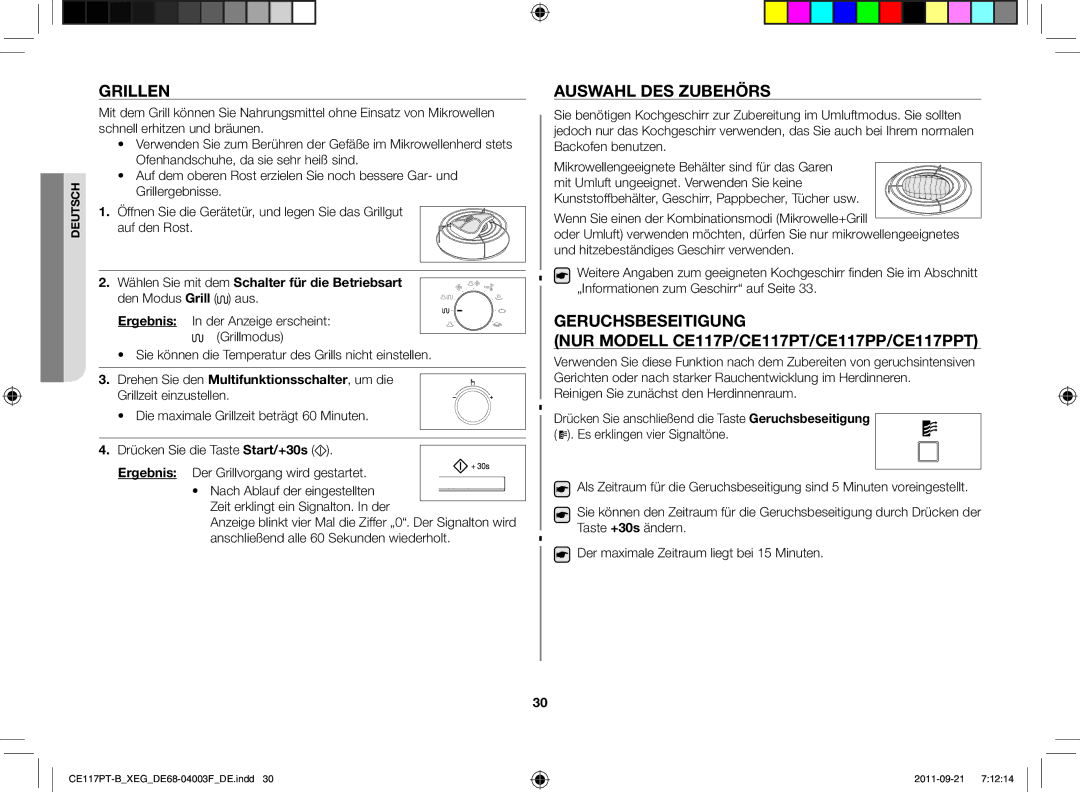 Samsung CE117PT-B/XEG manual Grillen, Auswahl des Zubehörs, Reinigen Sie zunächst den Herdinnenraum 