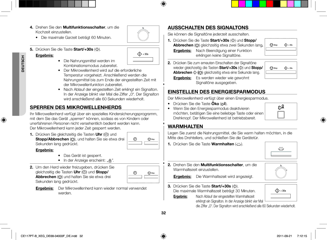 Samsung CE117PT-B/XEG manual Sperren des Mikrowellenherds, Ausschalten des Signaltons, Einstellen des Energiesparmodus 