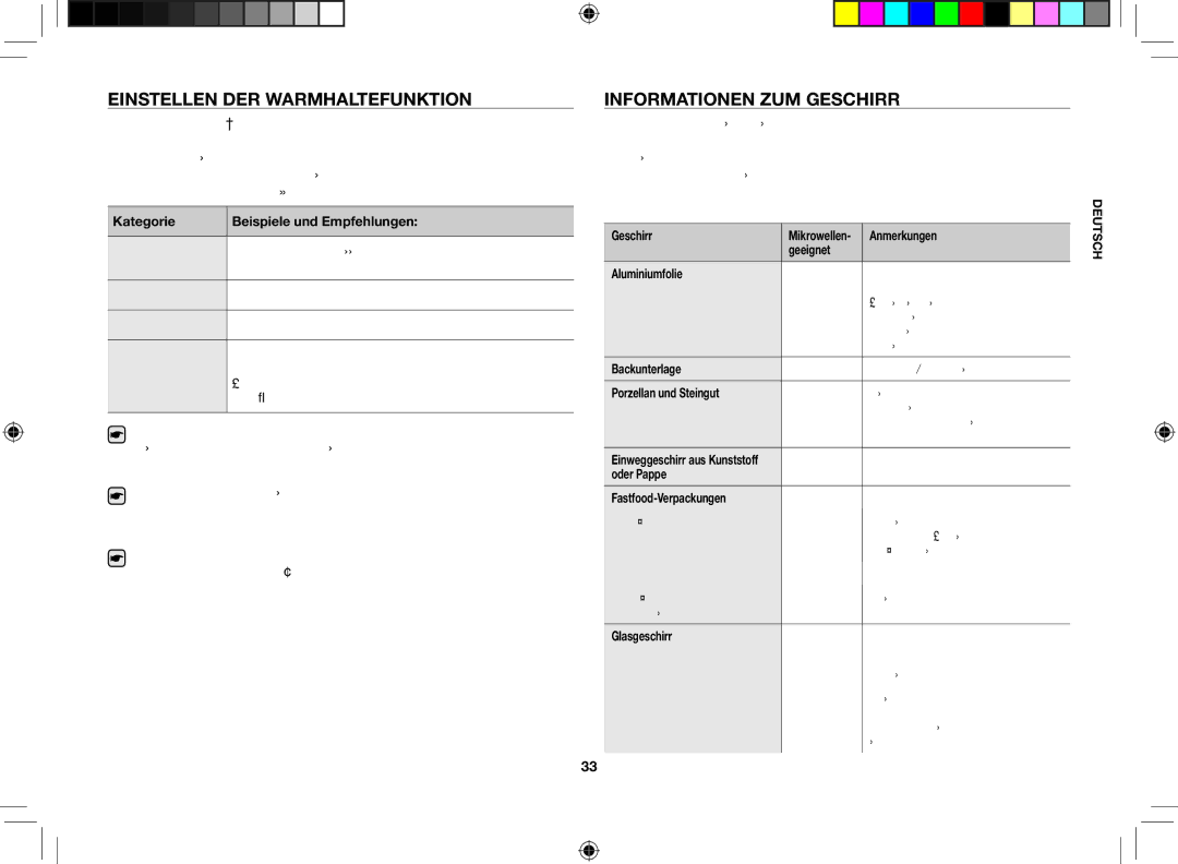 Samsung CE117PT-B/XEG manual Einstellen der Warmhaltefunktion, Informationen zum Geschirr 