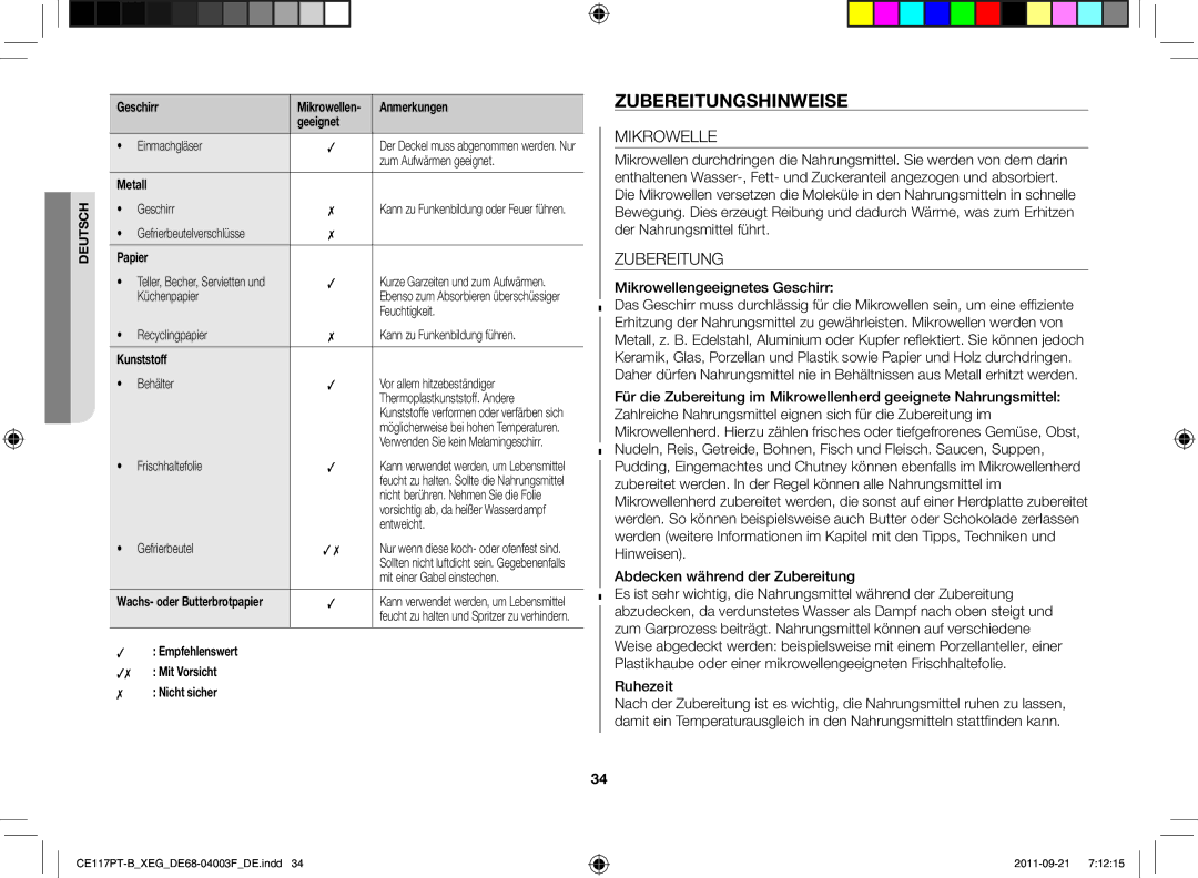 Samsung CE117PT-B/XEG manual Zubereitungshinweise, Mikrowellengeeignetes Geschirr, Ruhezeit 