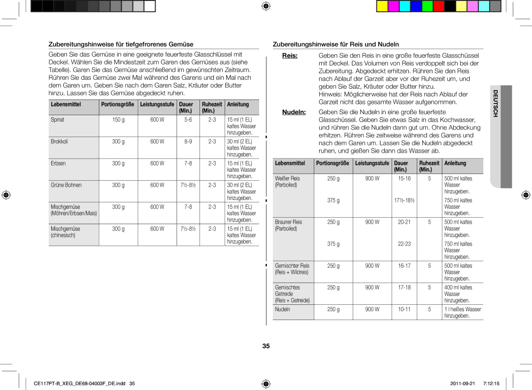 Samsung CE117PT-B/XEG manual Zubereitungshinweise für tiefgefrorenes Gemüse 