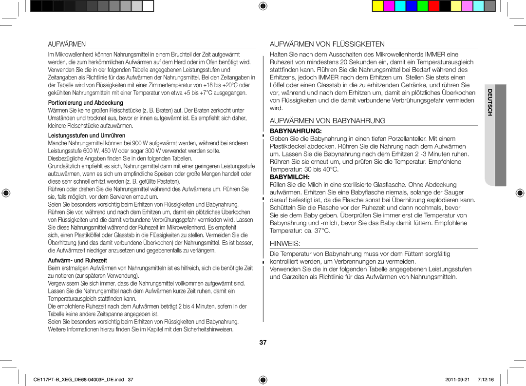 Samsung CE117PT-B/XEG manual Aufwärmen VON Flüssigkeiten, Aufwärmen VON Babynahrung, Hinweis 