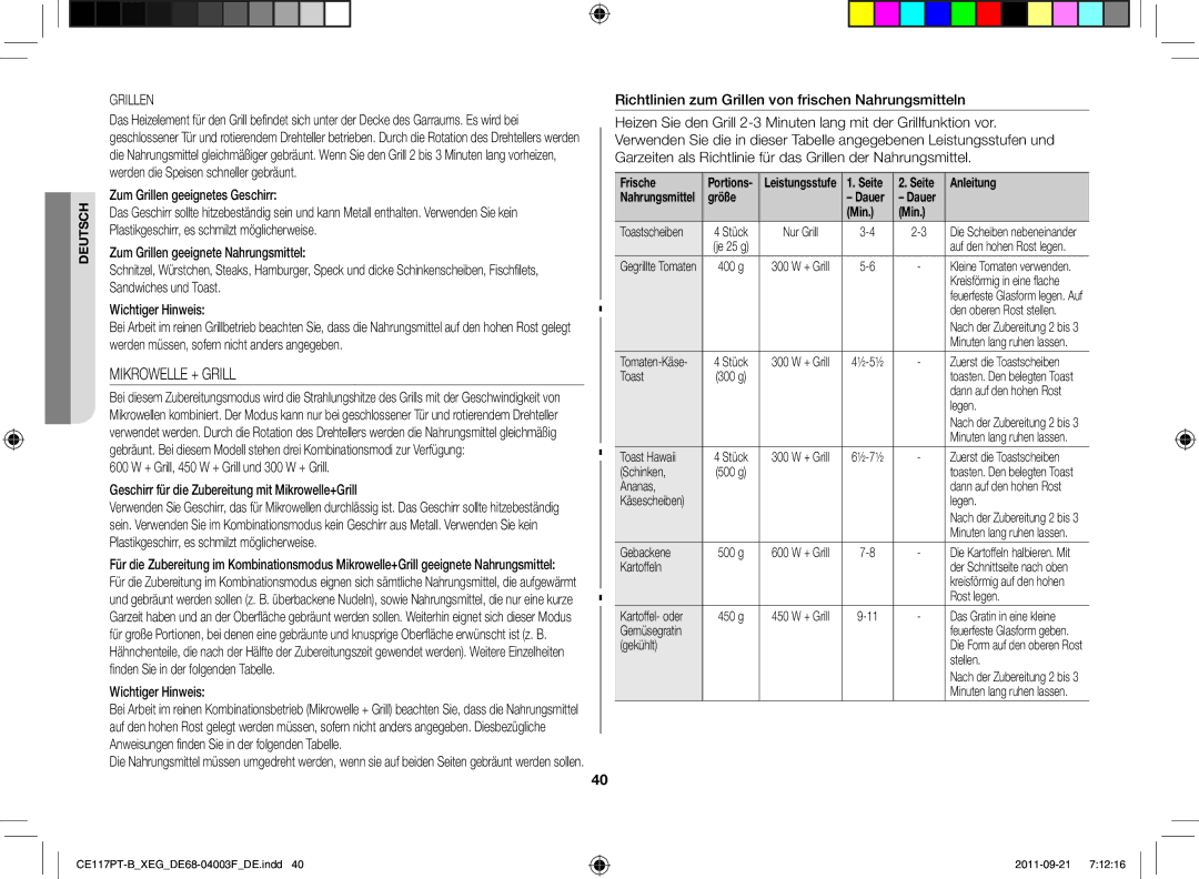 Samsung CE117PT-B/XEG manual Mikrowelle + Grill, Zum Grillen geeignetes Geschirr 