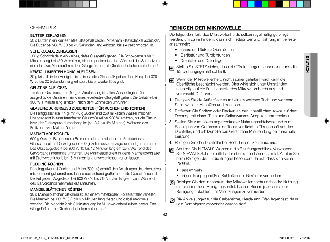 Samsung CE117PT-B/XEG manual Reinigen der Mikrowelle, Geheimtipps 