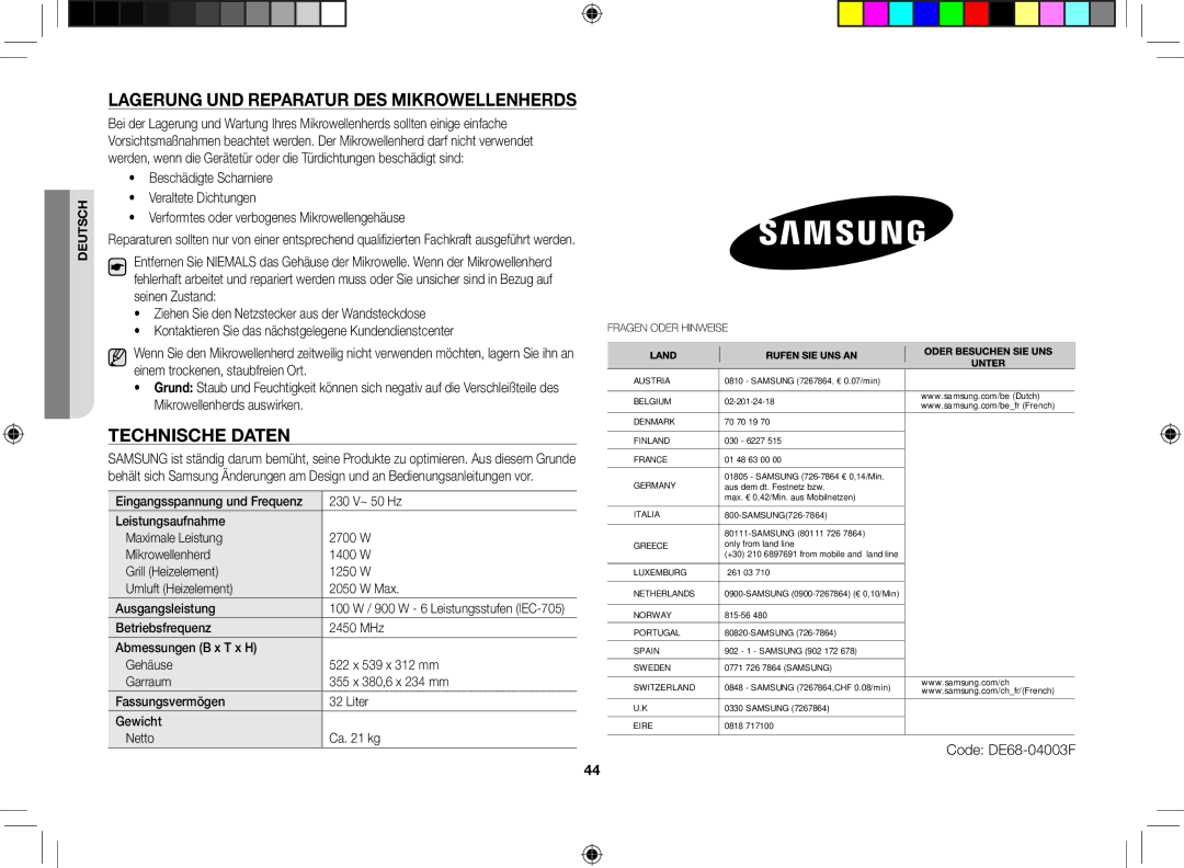 Samsung CE117PT-B/XEG manual Lagerung und Reparatur des Mikrowellenherds, Technische Daten, Code DE68-04003F 