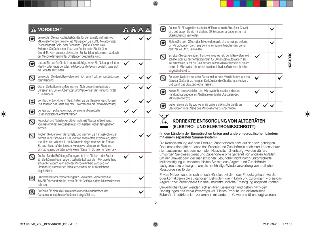 Samsung CE117PT-B/XEG manual Vorsicht, Eingeschaltet wird 