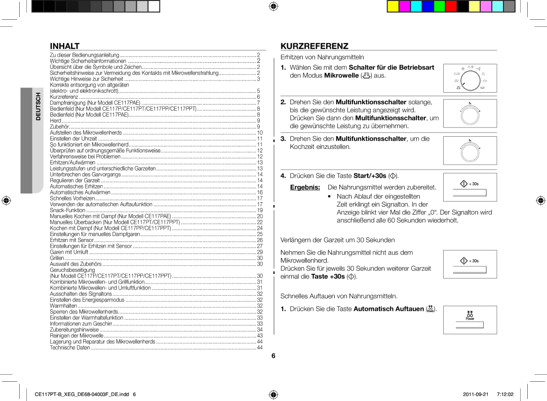 Samsung CE117PT-B/XEG manual Inhalt, Kurzreferenz, Erhitzen von Nahrungsmitteln 