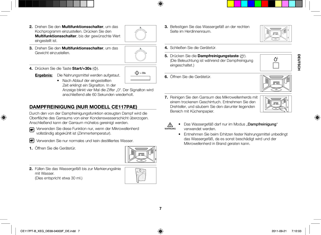 Samsung CE117PT-B/XEG manual Dampfreinigung Nur Modell CE117PAE, Drücken Sie die Dampfreinigungstaste, Verwendet werden 