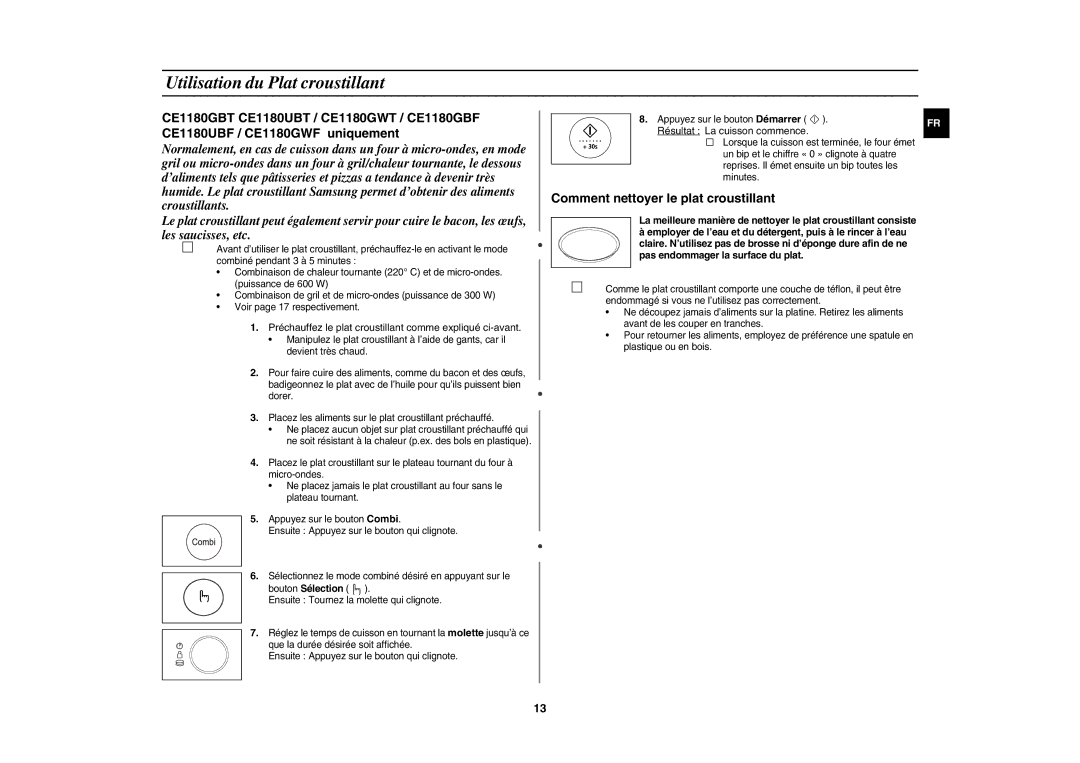 Samsung CE1180GWT/XEF manual Utilisation du Plat croustillant, Préchauffez le plat croustillant comme expliqué ci-avant 