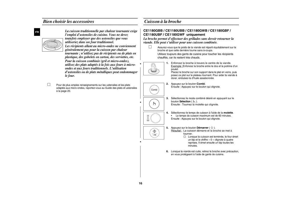 Samsung CE1180GWT/XEF manual Bien choisir les accessoires Cuisson à la broche 