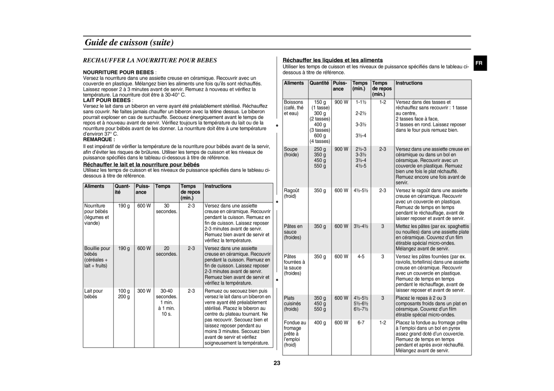 Samsung CE1180GWT/XEF manual Rechauffer LA Nourriture Pour Bebes, Réchauffer le lait et la nourriture pour bébés 