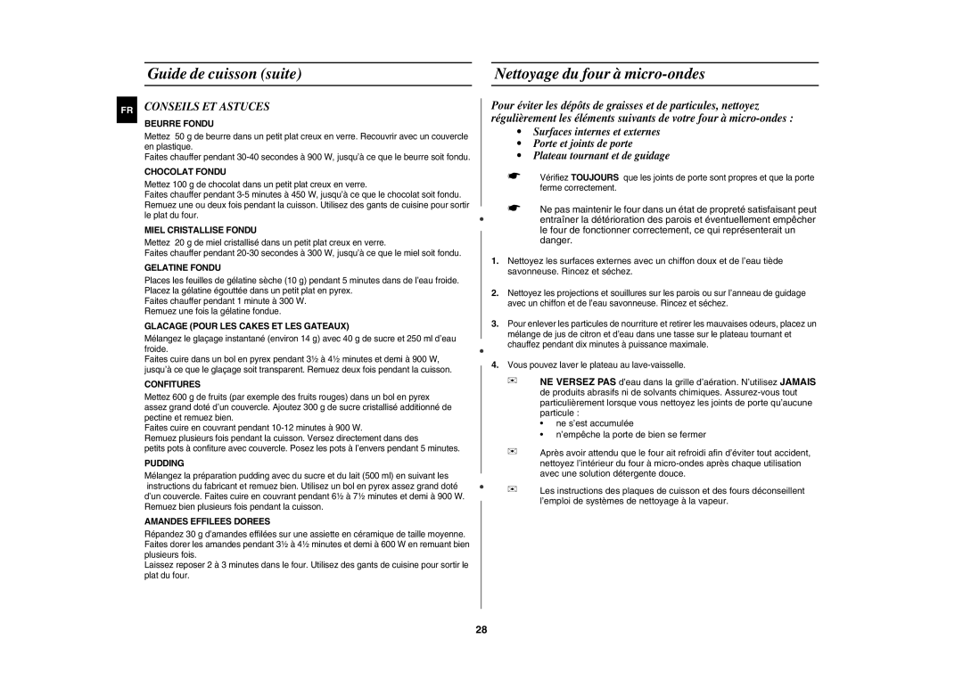 Samsung CE1180GWT/XEF manual Guide de cuisson suite Nettoyage du four à micro-ondes, Conseils ET Astuces 