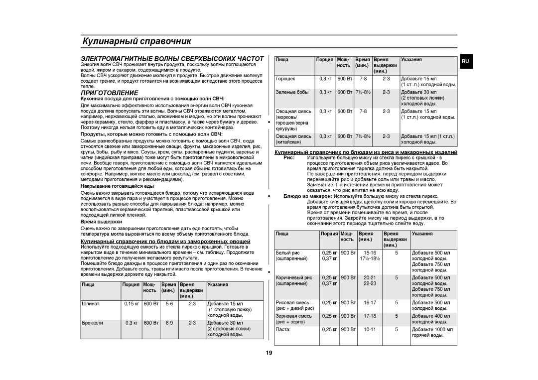 Samsung CE1185GBR/SBW, CE1185GBR/BWT manual Кулинарный справочник, Электромагнитные Волны Сверхвысоких Частот, Приготовление 