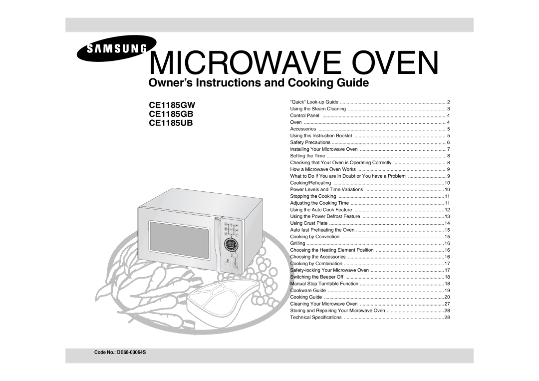 Samsung CE1185GW/BOL, CE1185UB/BOL, CE1185GB/BOL manual Microwave Oven, Code No. DE68-03064S 