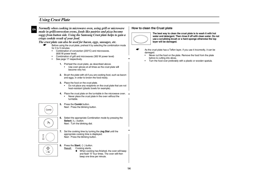 Samsung CE1185GB/BOL, CE1185UB/BOL, CE1185GW/BOL manual Using Crust Plate, Preheat the crust plate, as described above 