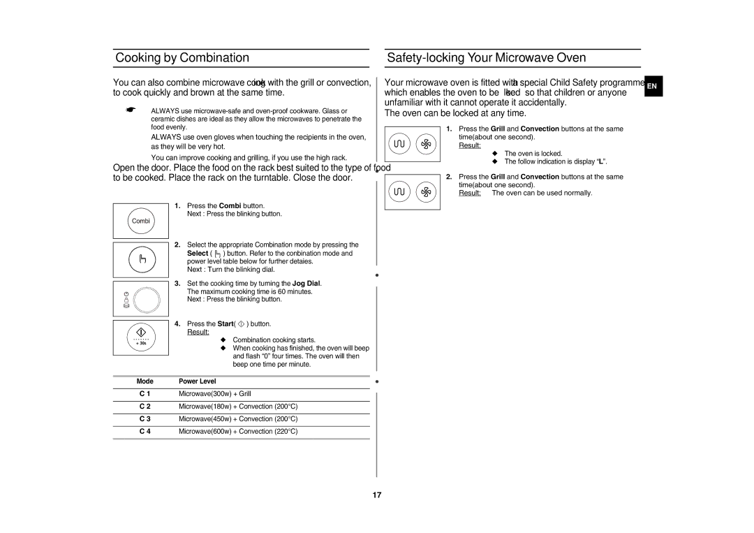 Samsung CE1185GB/BOL, CE1185UB/BOL, CE1185GW/BOL Cooking by Combination Safety-locking Your Microwave Oven, Power Level 