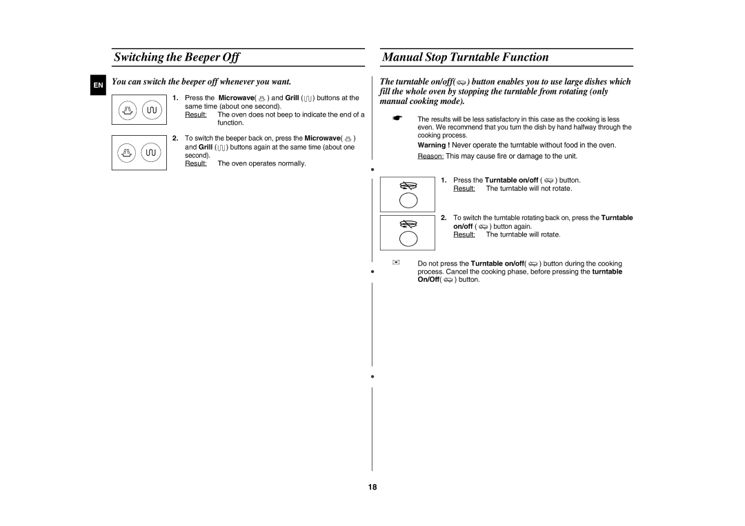 Samsung CE1185UB/BOL manual Switching the Beeper Off Manual Stop Turntable Function, Result The oven operates normally 