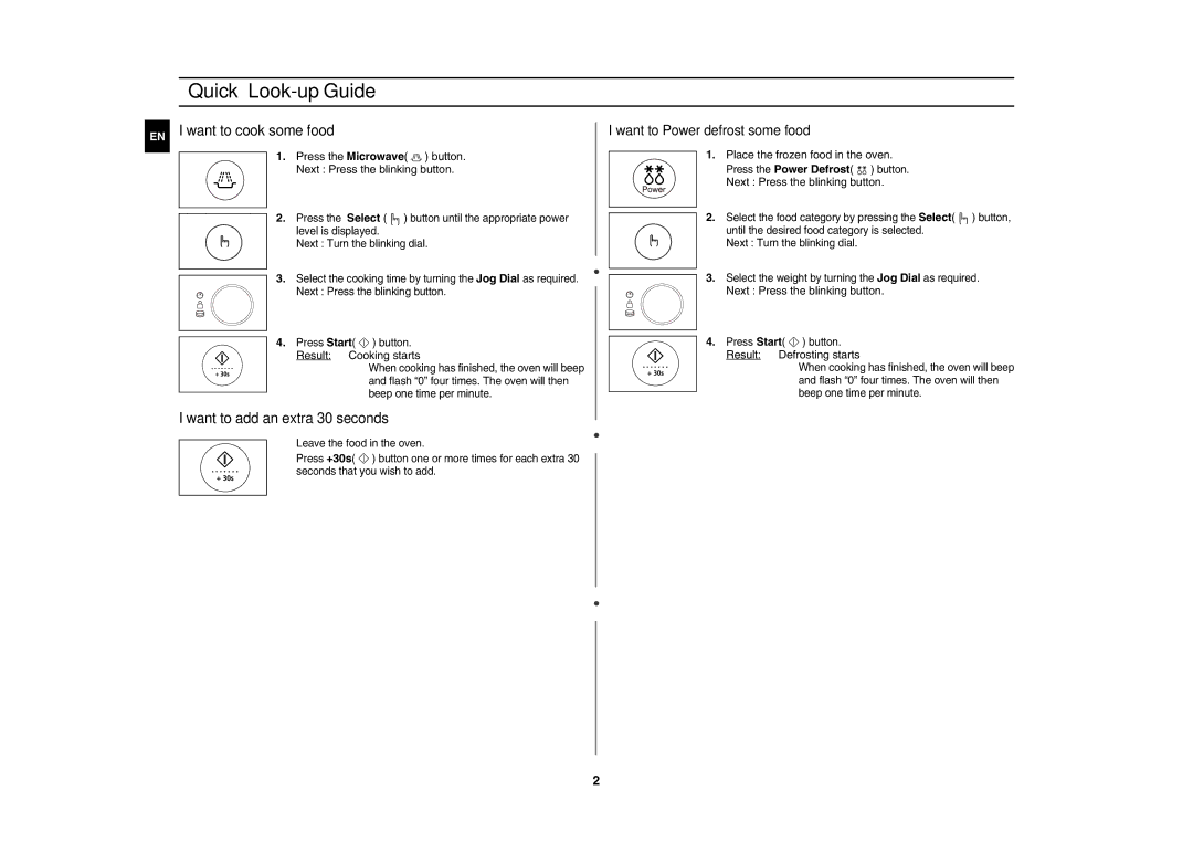 Samsung CE1185GB/BOL, CE1185UB/BOL manual Quick Look-up Guide, Result Cooking starts, Place the frozen food in the oven 