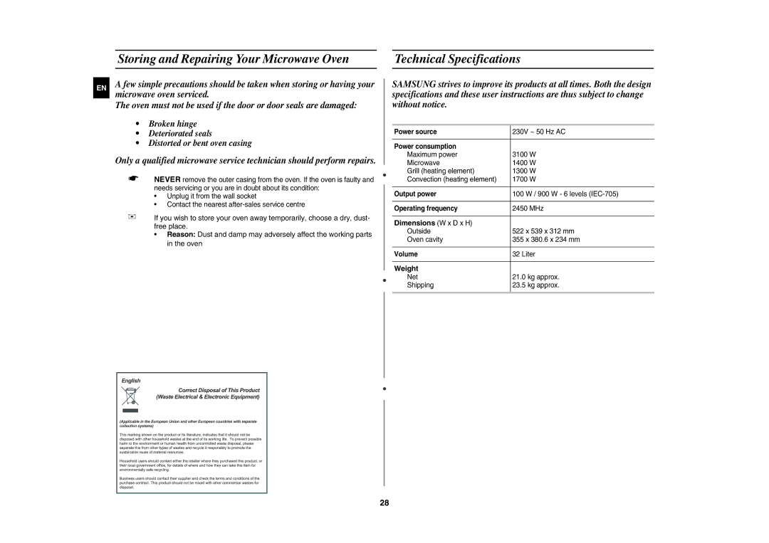 Samsung CE1185GW/BOL, CE1185UB/BOL, CE1185GB/BOL manual Dimensions W x D x H, Weight 