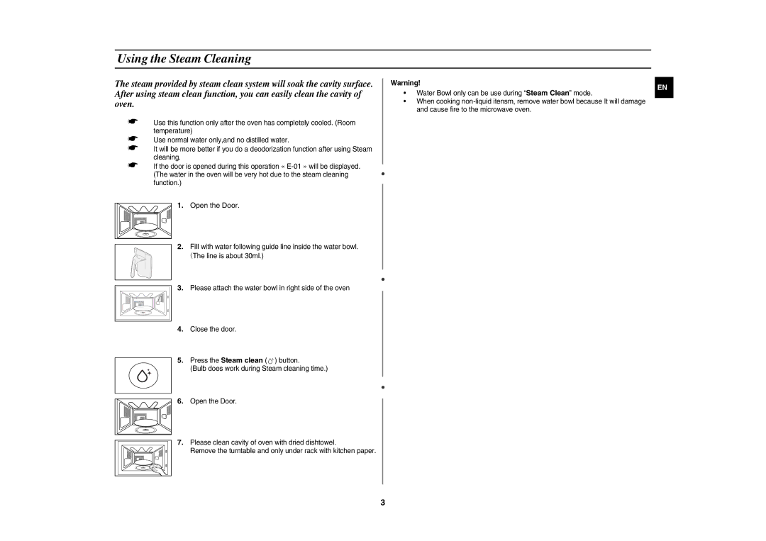 Samsung CE1185UB/BOL, CE1185GW/BOL, CE1185GB/BOL manual Using the Steam Cleaning, Open the Door 