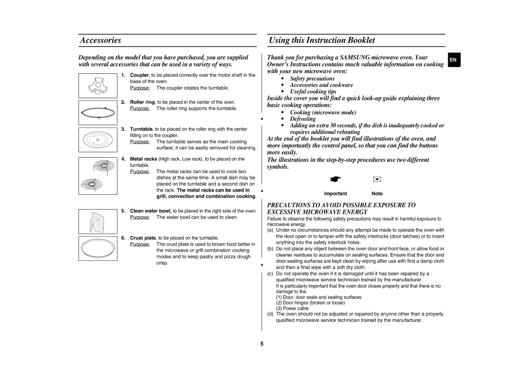 Samsung CE1185GB/BOL, CE1185UB/BOL, CE1185GW/BOL manual Accessories, Using this Instruction Booklet, Important Note 