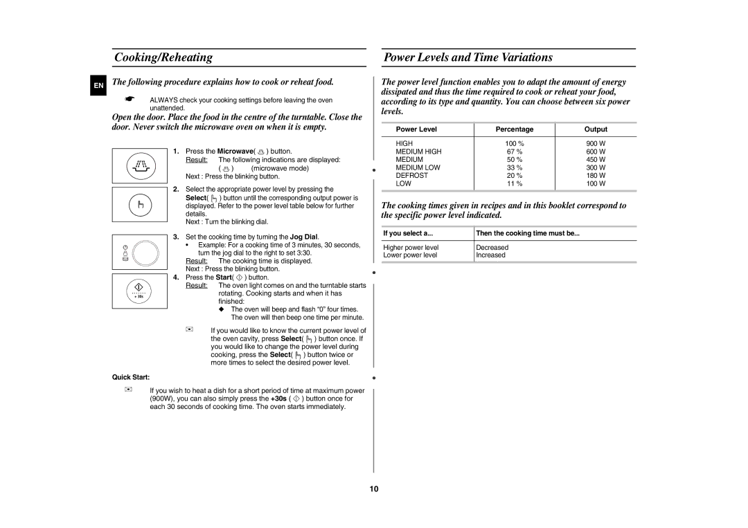 Samsung CE1185UBF/XEH manual Cooking/Reheating Power Levels and Time Variations, Result The cooking time is displayed 