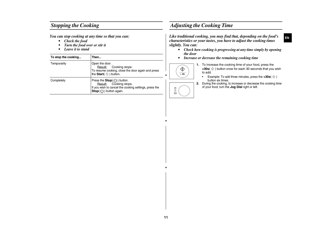 Samsung CE1185UBF/XEH Stopping the Cooking, Adjusting the Cooking Time, Result Cooking stops, To stop the cooking Then 