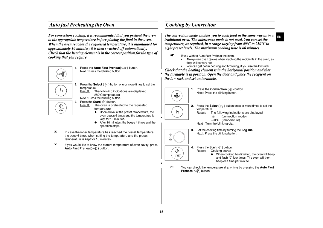 Samsung CE1185UBF/XEH manual Auto fast Preheating the Oven Cooking by Convection, Press the Auto Fast Preheat button 