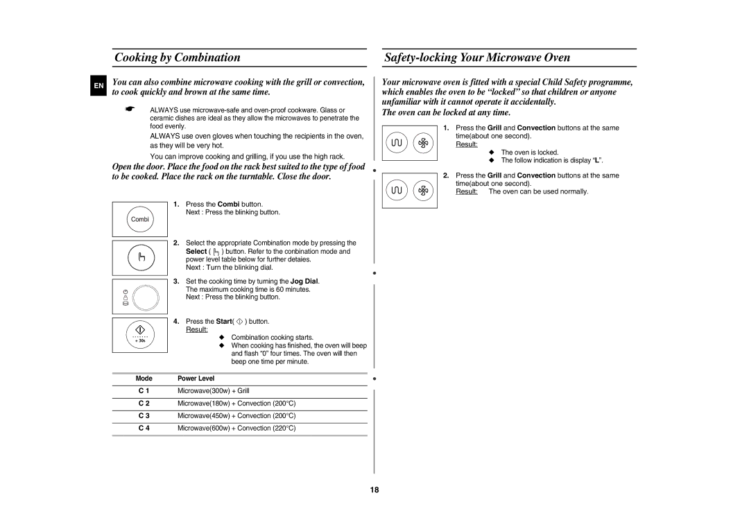 Samsung CE1185UBF/XEH manual Cooking by Combination Safety-locking Your Microwave Oven 