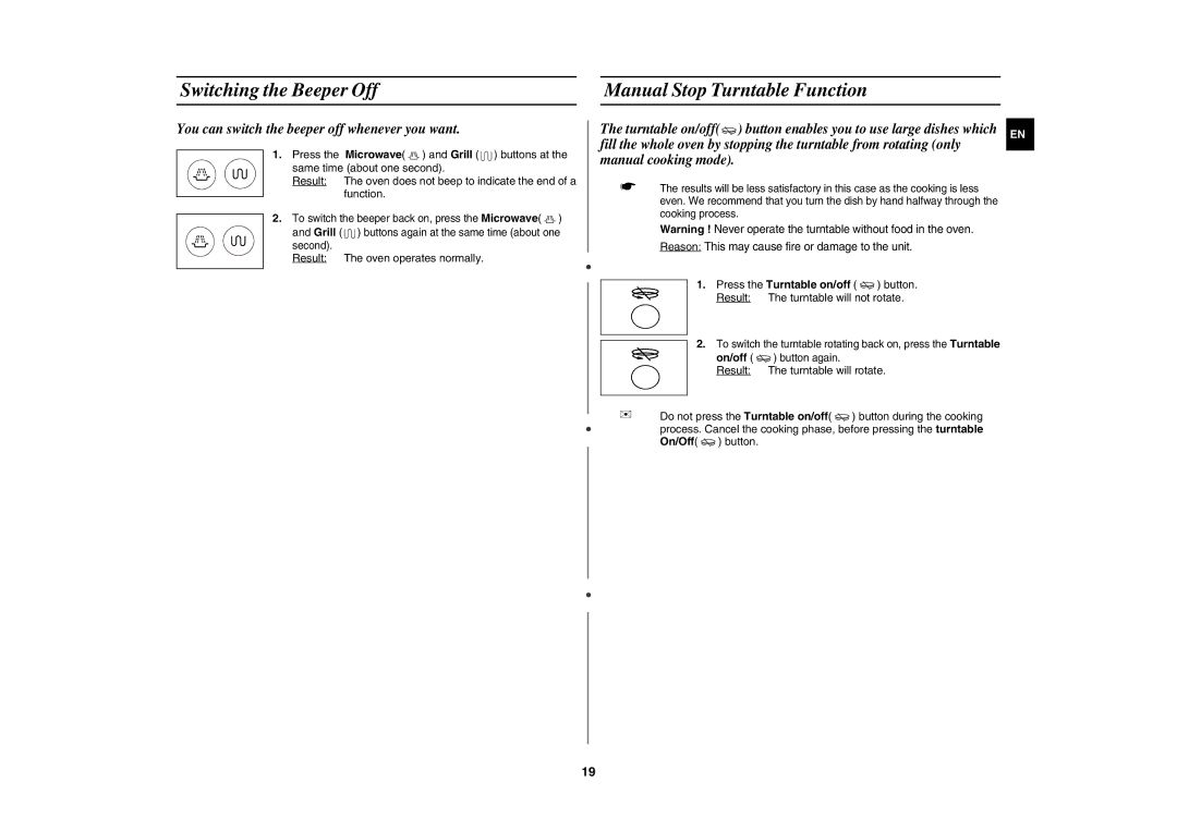 Samsung CE1185UBF/XEH manual Switching the Beeper Off Manual Stop Turntable Function, Result The oven operates normally 