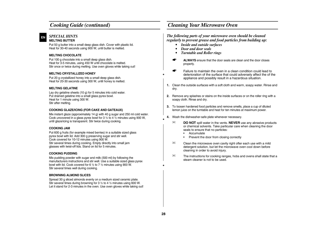 Samsung CE1185UBF/XEH manual Cleaning Your Microwave Oven, EN Special Hints 