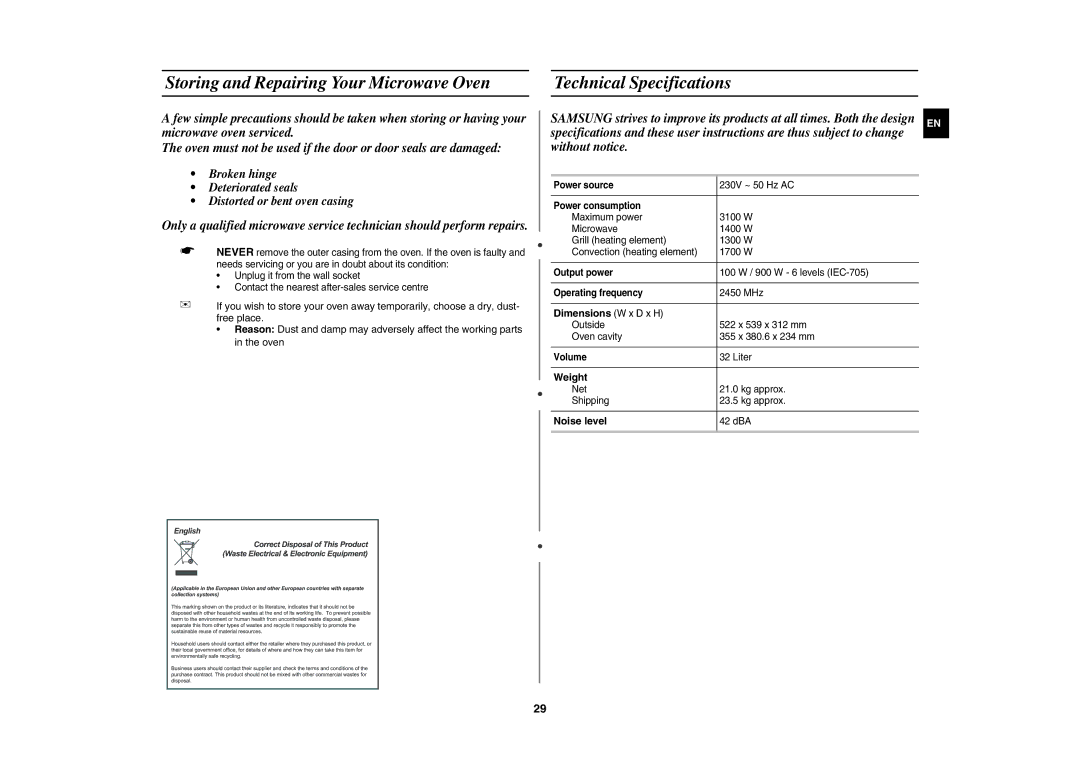 Samsung CE1185UBF/XEH manual Dimensions W x D x H, Weight, Noise level 