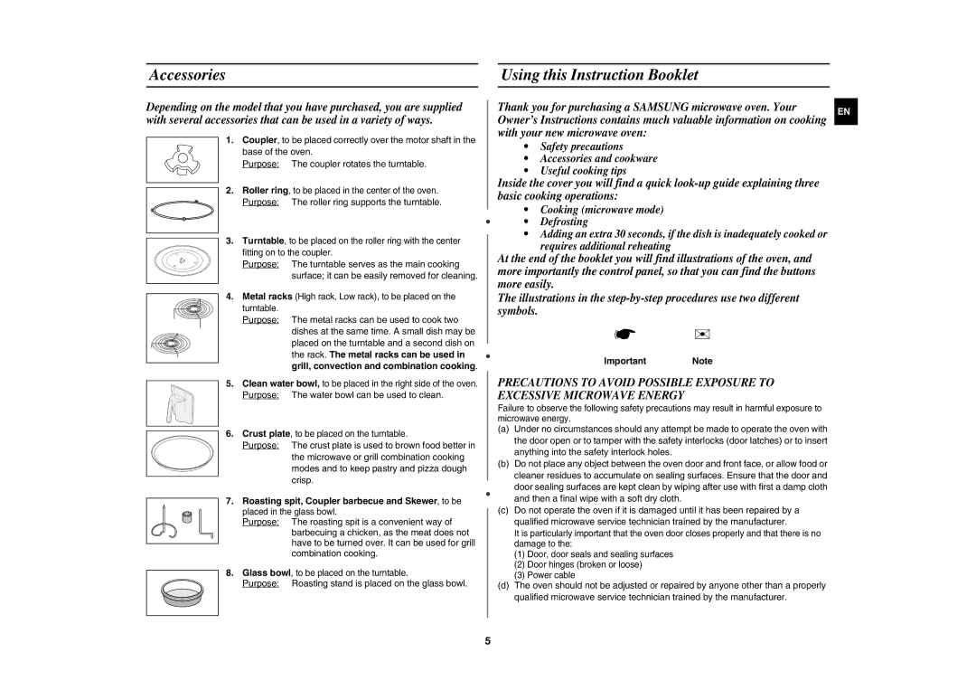 Samsung CE1185UBF/XEH manual Accessories Using this Instruction Booklet, Roasting spit, Coupler barbecue and Skewer, to be 