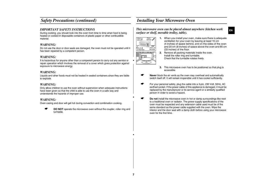 Samsung CE1185UBF/XEH manual Safety Precautions Installing Your Microwave Oven 